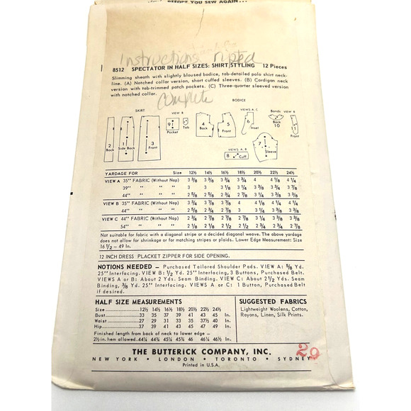 Butterick Vintage 1950's Pattern #8512 Women's Half Size Shirt Dress Size 14.5 - Picture 6 of 6